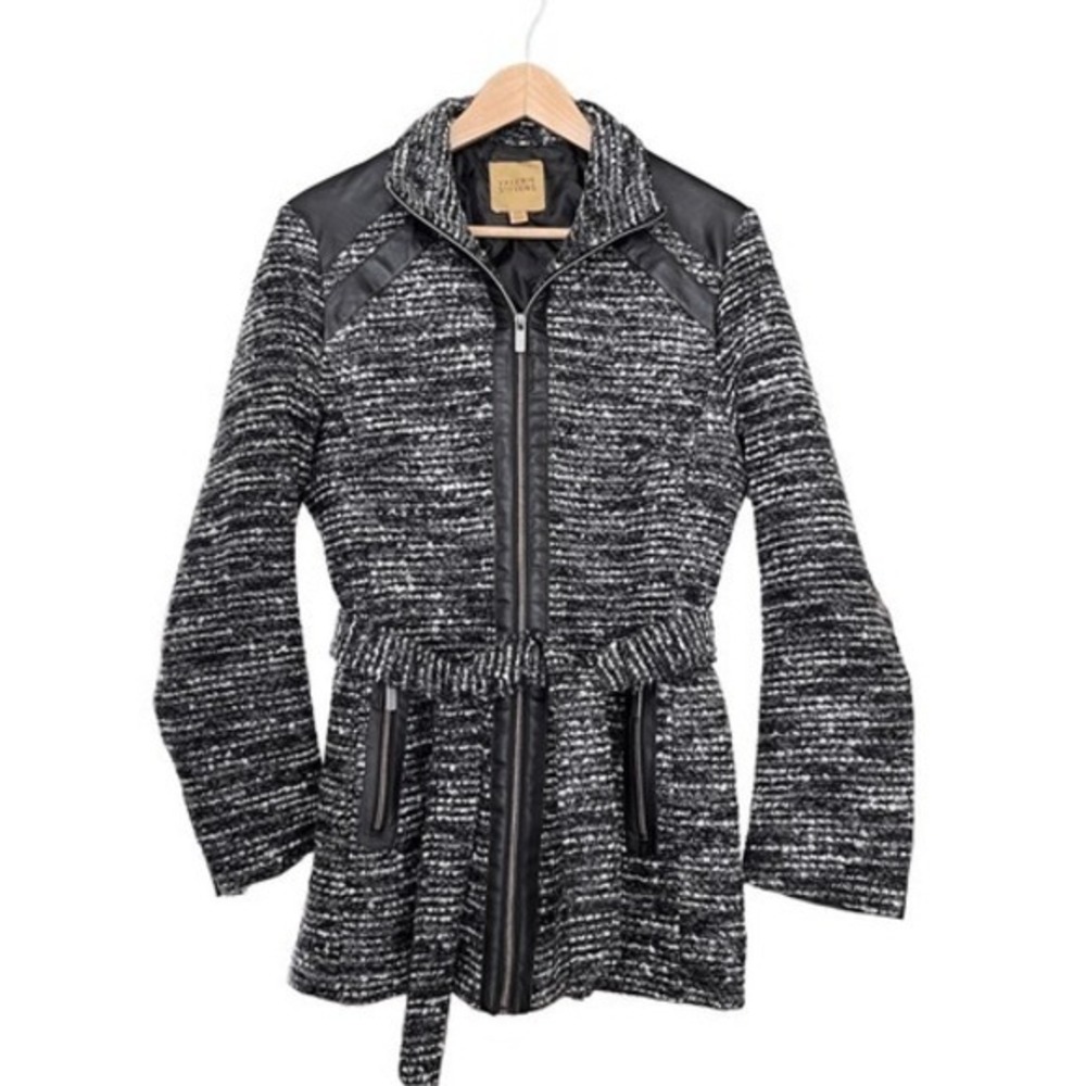 VTG Valerie Stevens Tweed Moto Jacket Black Gray Faux Leather Trim Medium‎
